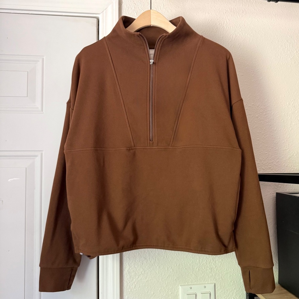 VARLEY brown athletic knit suede cotton half zip boxy cropped pullover sweater